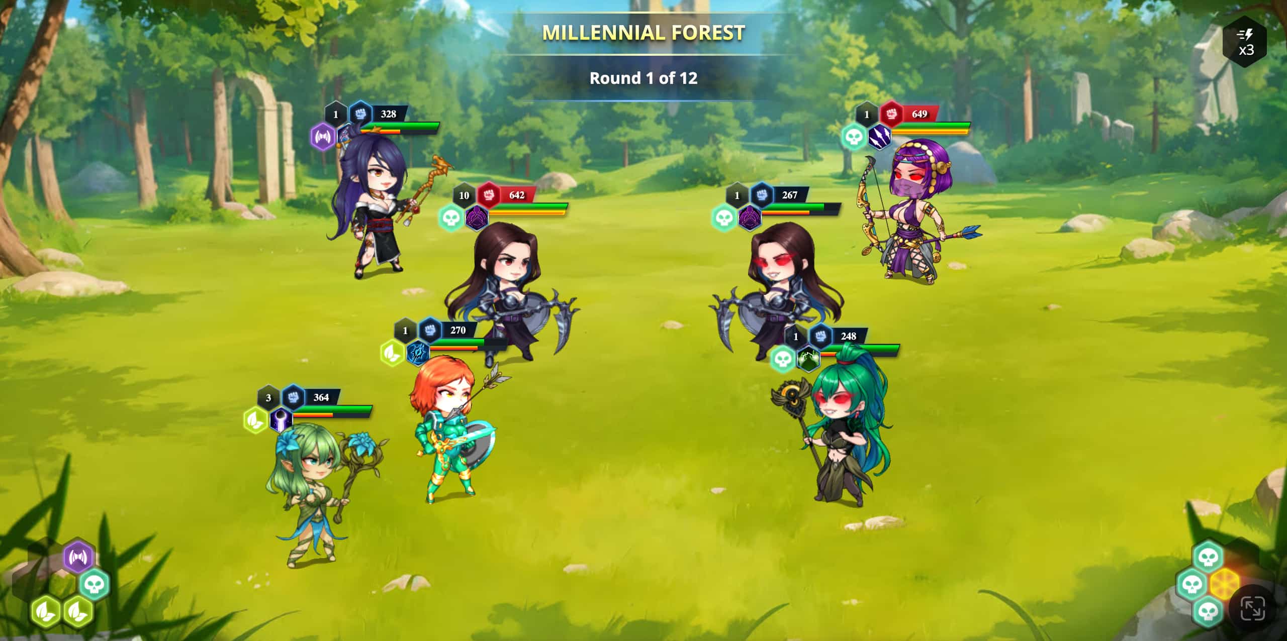 Combat de campagne dans la forêt dans l'idle RPG adulte Booty Heroes