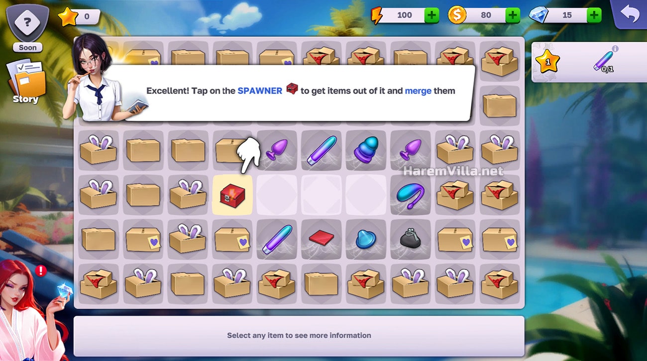 Mécanique de merge puzzle dans le jeu adulte Harem Villa