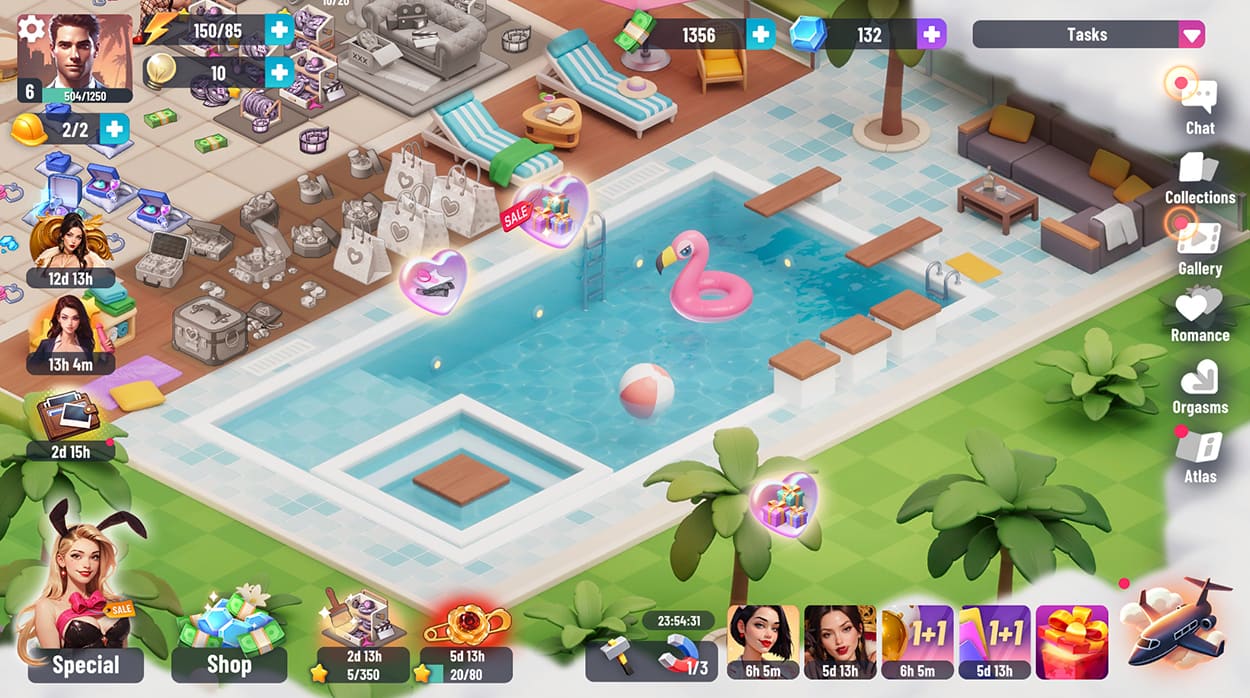 Scène de piscine dans Passion Industry illustrant le style graphique du jeu