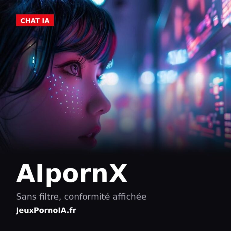 AIpornX, sans filtre, conformité affichée (visuel officiel : https://jeuxpornoia.fr/wp-content/uploads/2024/09/jeu_erotique_ia_adulte_3213.jpg)