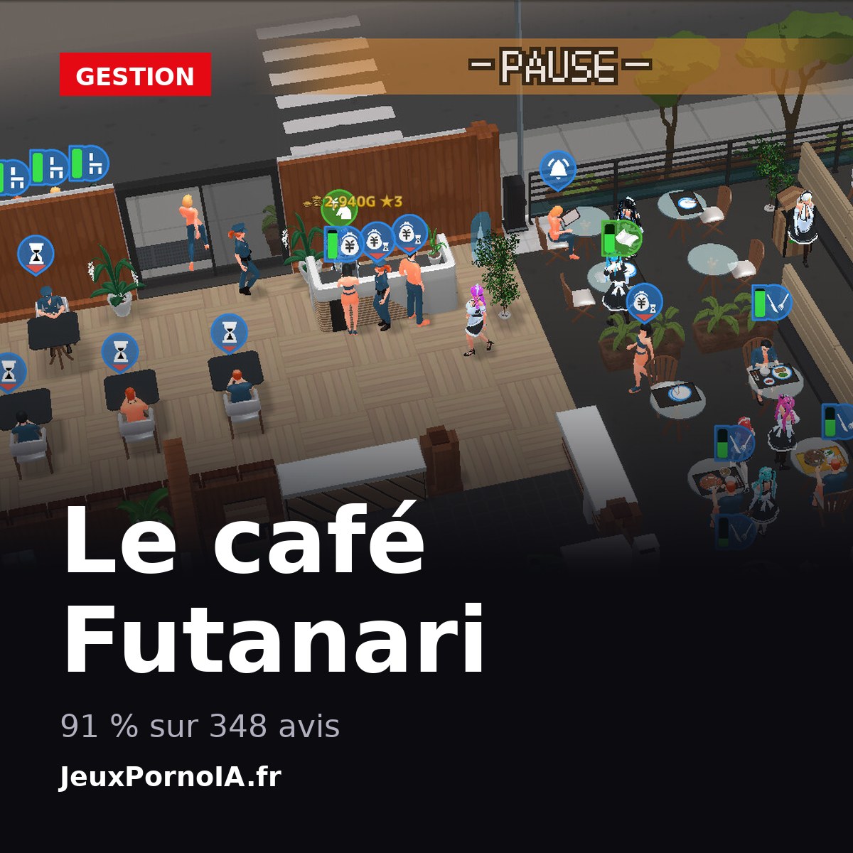 Le café Futanari, 91 % sur 348 avis (visuel officiel : https://shared.akamai.steamstatic.com/store_item_assets/steam/apps/3306200/ss_655601534d697b1702ac1cb439fc4b8a7461f401.1920x1080.jpg)