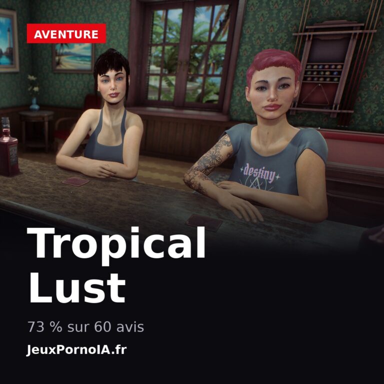 Tropical Lust, 73 % sur 60 avis (visuel officiel : https://shared.akamai.steamstatic.com/store_item_assets/steam/apps/4375110/60fd39c3c20e43679ea71c705c22a801866b6612/ss_60fd39c3c20e43679ea71c705c22a801866b6612.1920x1080.jpg)