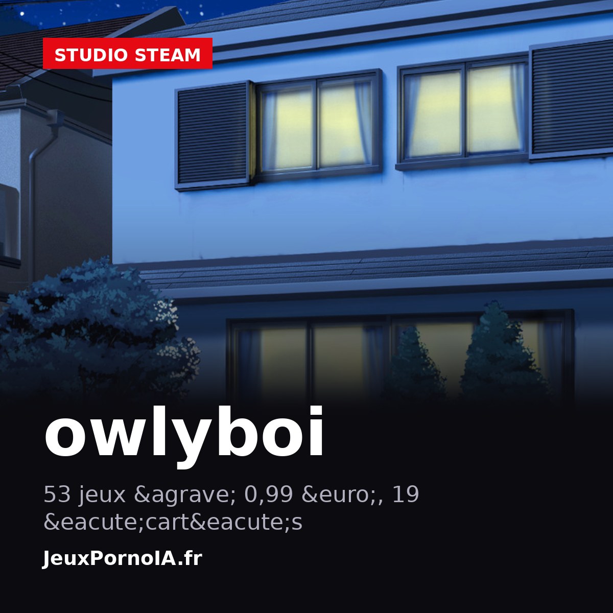 owlyboi, 53 jeux &agrave; 0,99 &euro;, 19 &eacute;cart&eacute;s (visuel officiel : https://store.steampowered.com/app/2076740/)
