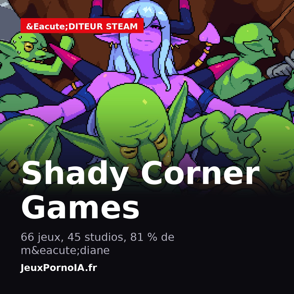 Shady Corner Games, 66 jeux, 45 studios, 81 % de m&eacute;diane (visuel officiel : https://store.steampowered.com/app/3782910/)